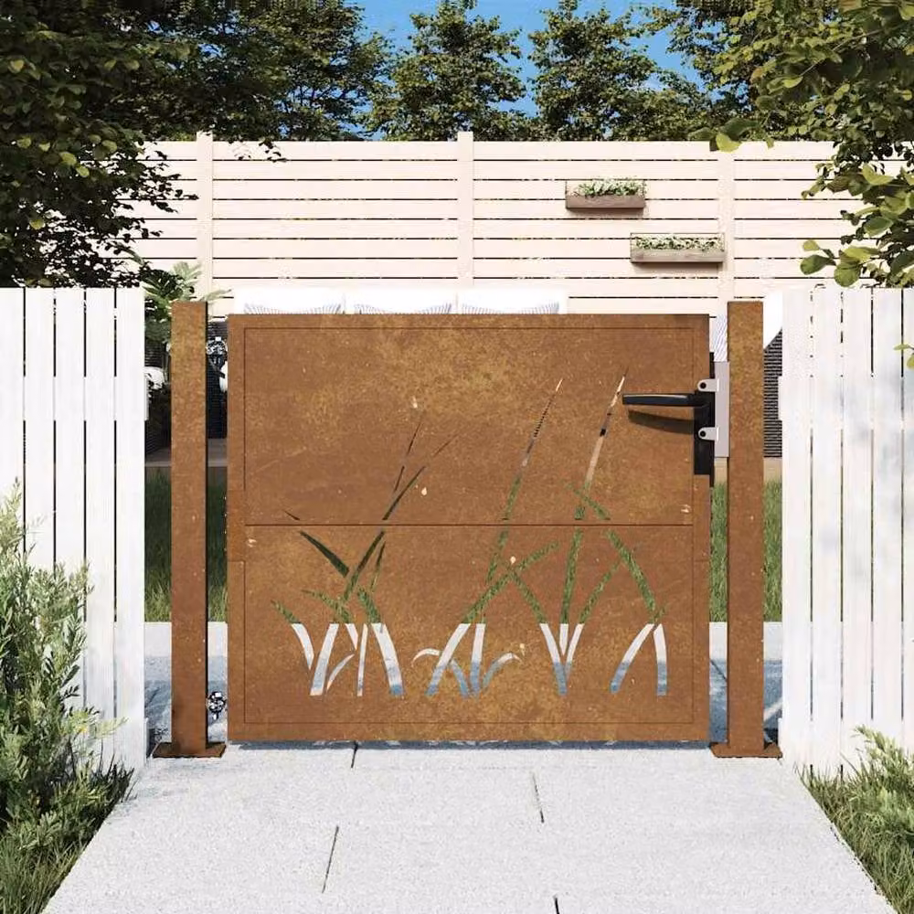 Berkfield Home Corten Steel Garden Gate with Grass Design in Brown, W: 105 cm, H: 80 cm – 2