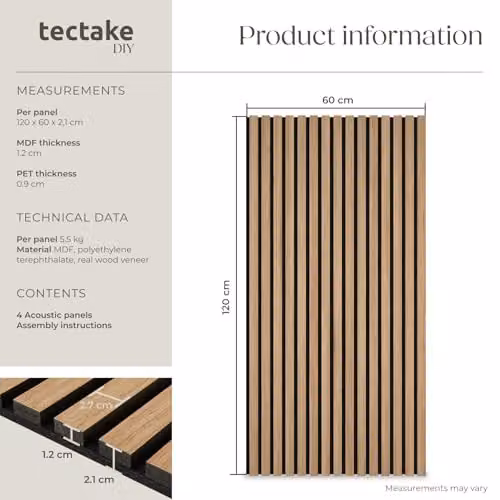 tectake Set of 4 Acoustic Wall Panels with Real Wood Veneer and MDF, Sound-Absorbing Wood Slats with Felt Fabric, Brown, W: 120 cm, D: 60 cm, H: 2.1 cm – 5