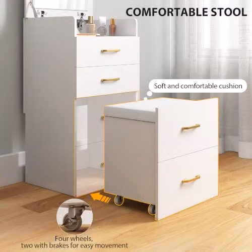 HOMCOM Two-Piece Modern Dressing Table with Flip Top Mirror and Rolling Stool in White, W/D/H: 90 x 40 x 48 cm – 2