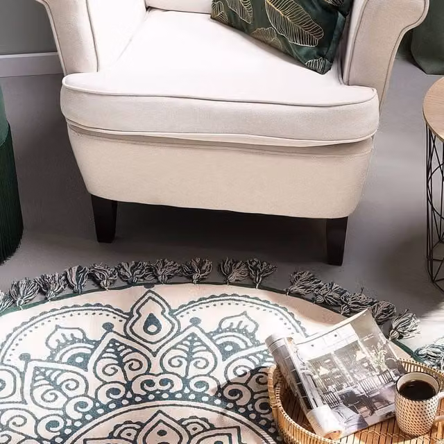Wyld and Coco IRICE Round Woven Cotton Rug in Cream and Green with Mandala Design, Diameter: 120 cm