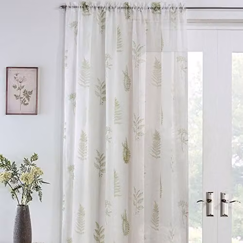 Tyrone Textiles Bracken Leaf Linen Voile Panel, Green and White, Height: 229 cm, Width: 145 cm
