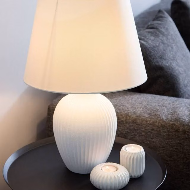 Wyld and Coco White Ceramic Table Lamp with Retro Fabric Empire Shade – 1