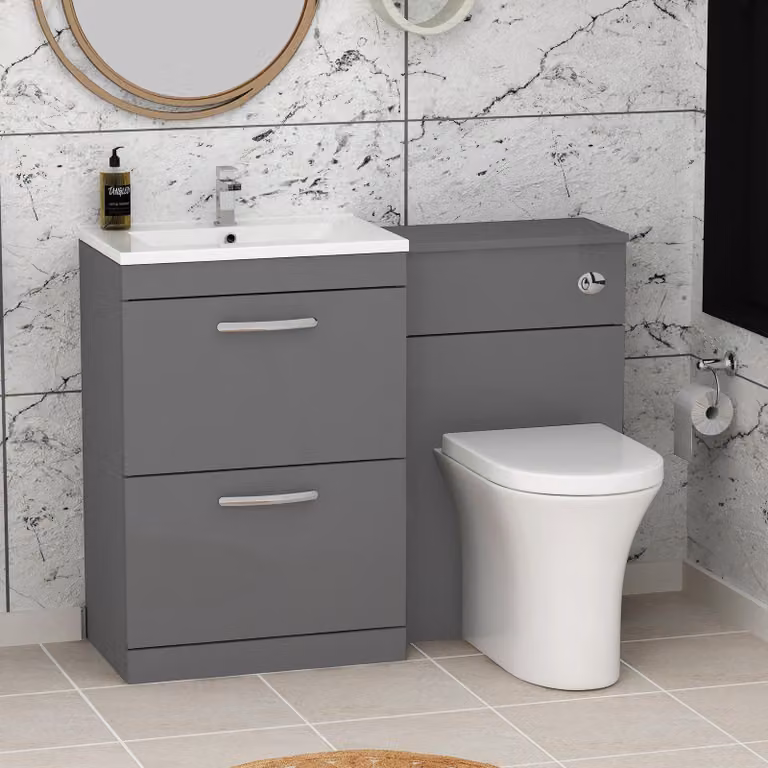 Royal Bathrooms Indigo Grey Gloss 2 Drawer Furniture Pack with Minimalist Basin and Breeze Back to Wall Toilet, Width: 110 cm