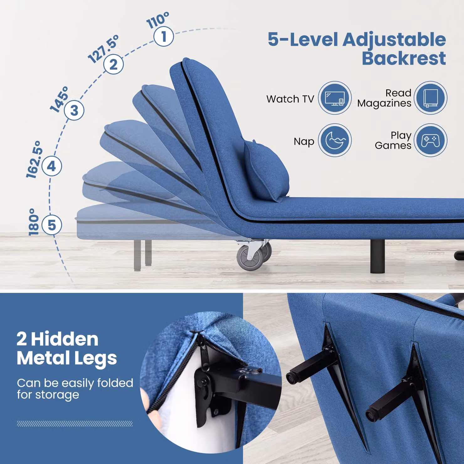 Costway Modern Fabric Single Folding Sofa Bed Chair with Pillow in Blue – 5