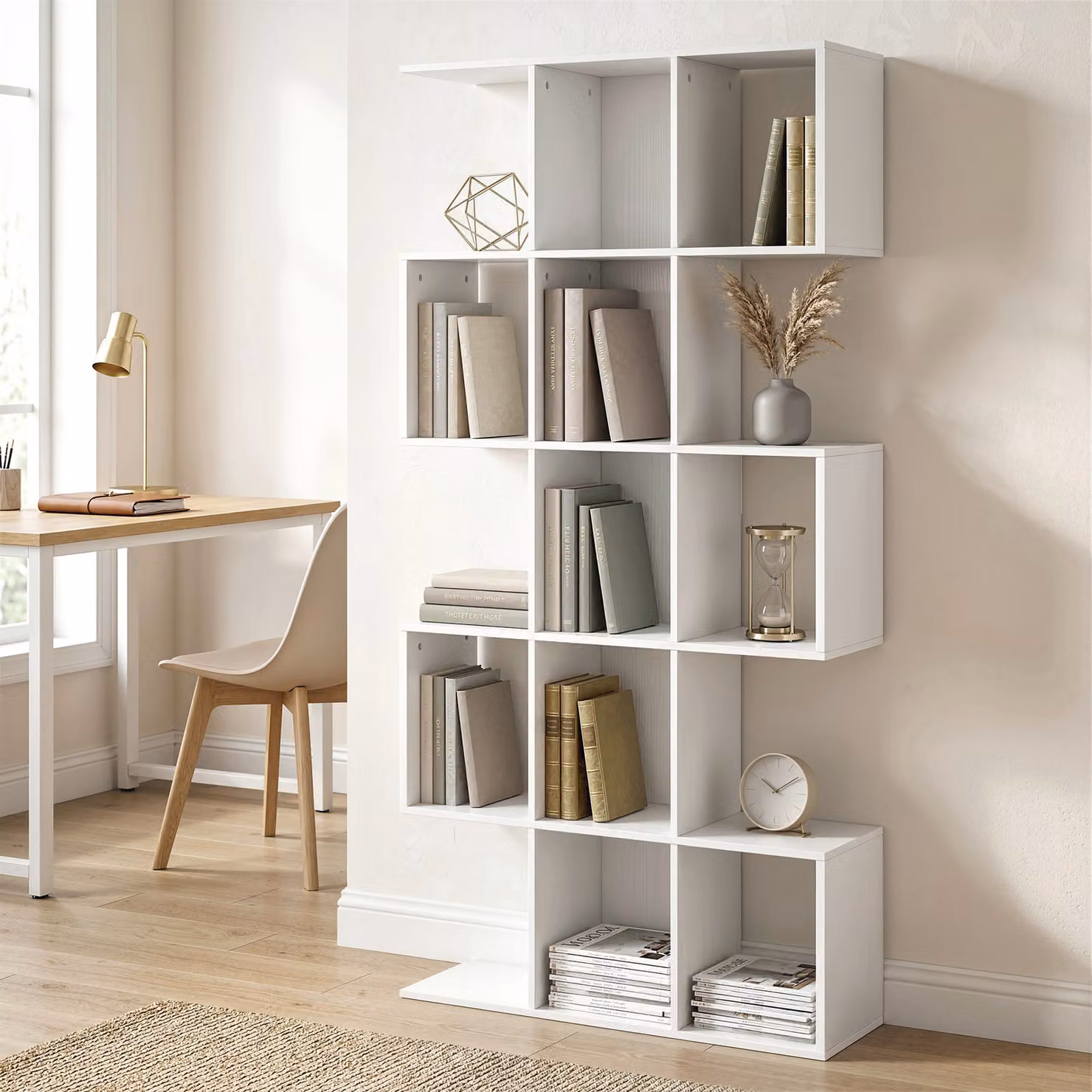 HOMCOM 5-Tier S-Shaped Geometric Bookshelf with 15 Compartments, White Wood Effect – 2