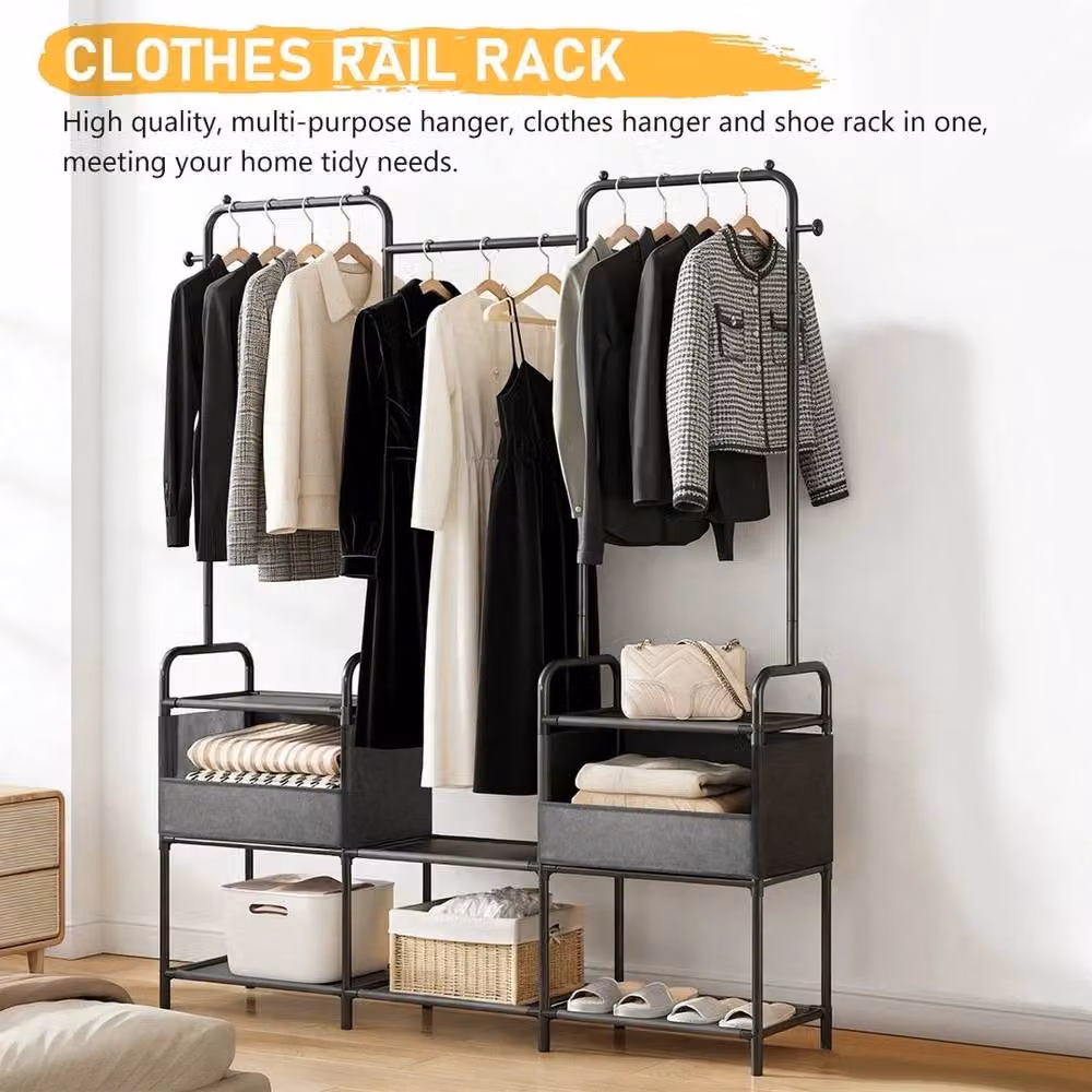 FORGEVIO Black Metal Clothes Rail with Hanging Rail and Shoe Rack, Width: 50 cm – 3