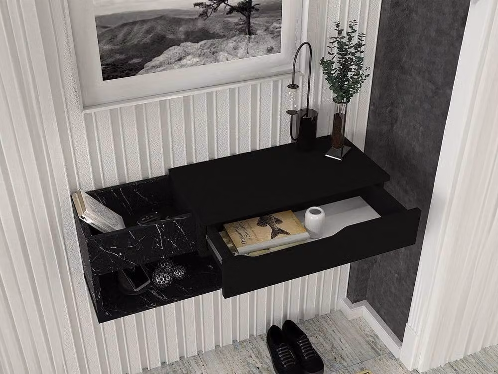 Vente-unique Hanging Console with 1 Drawer and 2 Niches in Black Marble Effect, W/D/H: 90 x 29.6 x 33.2 cm – 3