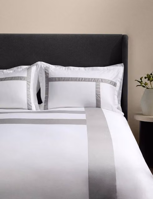 M&S x Kelly Hoppen Grey and White Mako Satin Cotton Bedding Set W: 180 cm, L: 200 cm