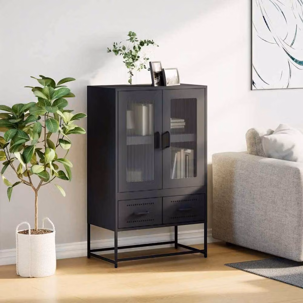 Berkfield Home Black Steel Highboard with Glass Doors, W/D/H: 68 x 39 x 111.5 cm – 3