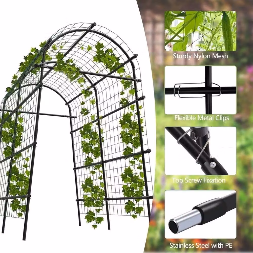 VOGREX Black Metal Garden Arbor with Netting and Trellis Support, Height: 228.6 cm – 3