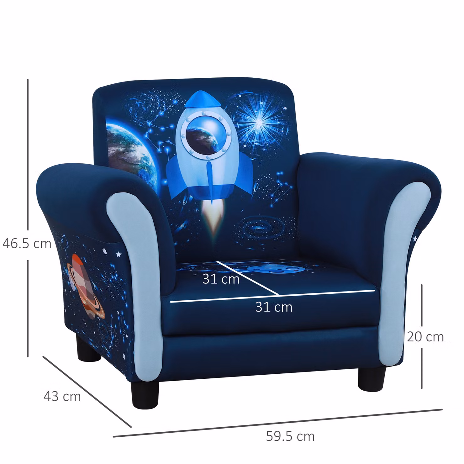 HOMCOM Kids Armchair with Armrests, Blue Fabric Mini Sofa with Solid Wood Frame, W: 59.5 cm, D: 43 cm, H: 46.5 cm – 3