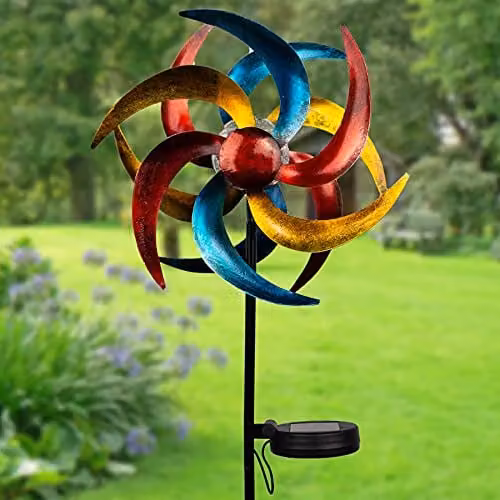 mysmartbuy Colourful Solar Windmill Garden Wind Spinner with Multicolour Vanes and Light Up Crackle Glass Ball, H92 x W23 x D12.5 cm – 1