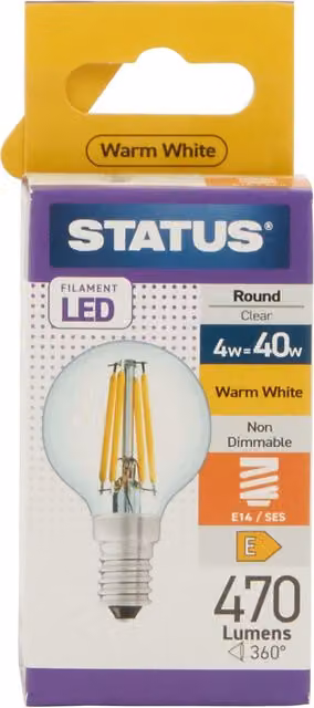 4W LED Filament Globe Light Bulb, E27 Cap, Warm White, Transparent Glass