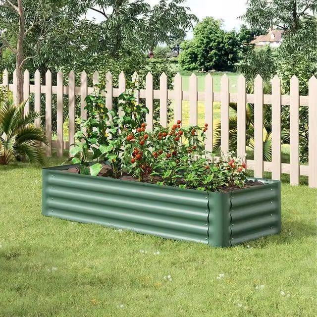 Livingandhome Green Metal Raised Garden Bed with Climbing Support and Rounded Corners, Width: 150 cm