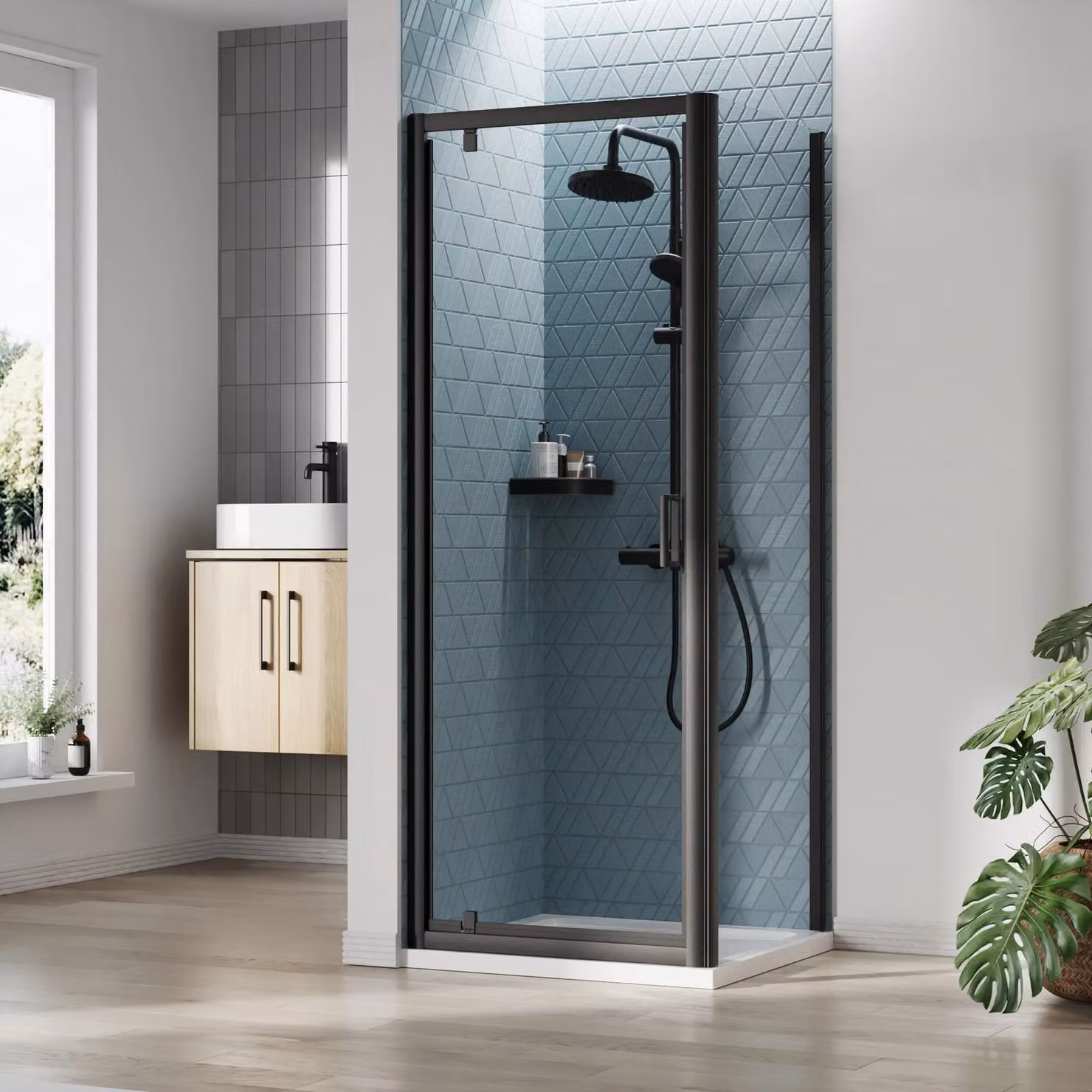 Balterley Ruwa Square Corner Pivot Shower Suite with 6mm Glass and Tray, Black, W/D: 76 x 76 cm – 2