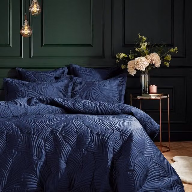 Paoletti Palmeria Reversible Navy Blue Floral Velvet and Cotton Duvet Cover and Pillowcase Set