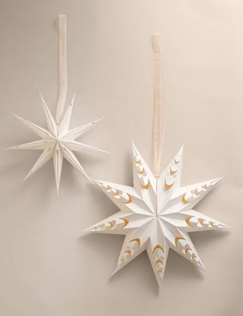 M&S 2 Pack Paper Cut-Out Hanging Star Decorations in White and Beige