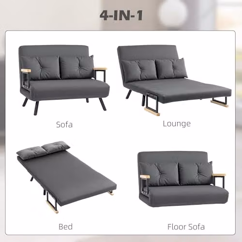 HOMCOM 2 Seater Click Clack Sofa Bed in Grey Velvet Fabric with Metal Frame and Scatter Cushions, W/D/H: 140 x 190 x 73 cm – 4