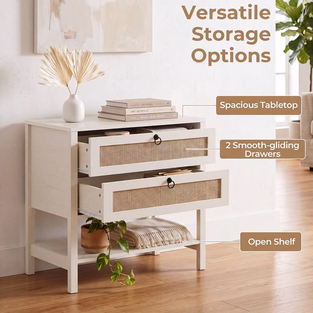 Gymax White Rattan Bedside Table with 2 Drawers and Oak Wood Accents – 3