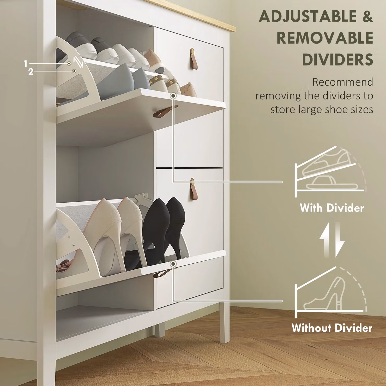 HOMCOM Modern White Shoe Cabinet with Tilting Compartments and Hinged Doors for Hallways – 3