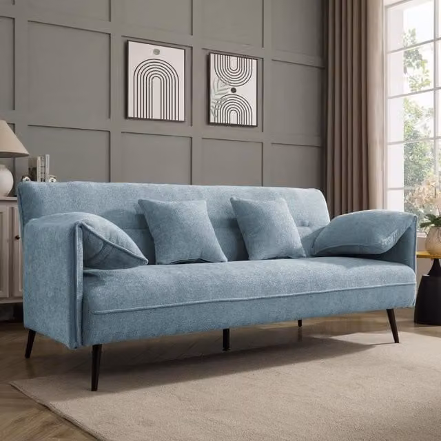 Carnation Blue Fabric Upholstered Sofa Bed with Scatter Cushions and Wood Legs W/D/H: 197 x 91 x 85 cm