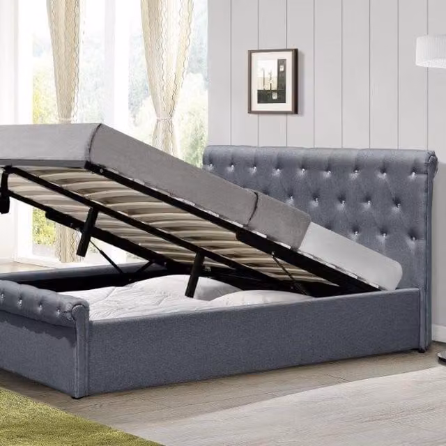 Comfy Living Grey Fabric Diamante Chesterfield Ottoman Sleigh Bed, W/D/H: 90 x 200 cm
