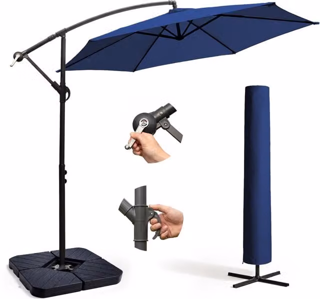 Keplin Blue Cantilever Garden Parasol with Cover and 4pc Fillable Base Set