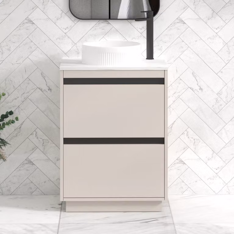 Royal Bathrooms Orion 600mm Warm Taupe Floor Standing Bathroom Vanity Unit with 2 Drawers, Round Basin and Black Accent Trim