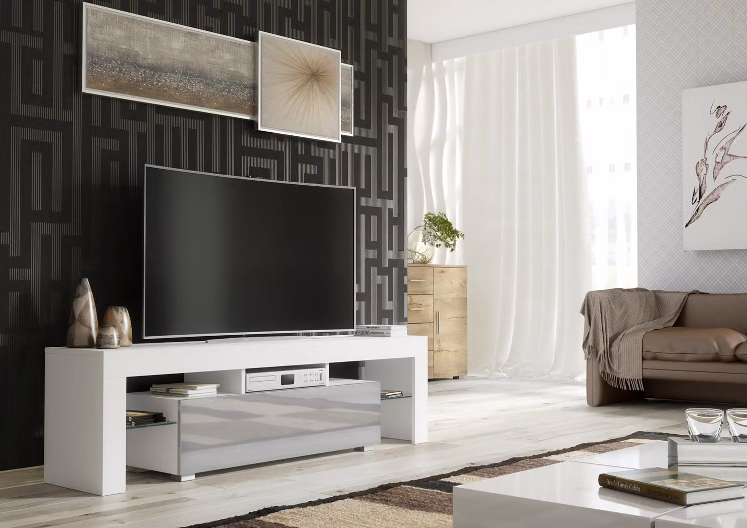 Creative Furniture Modern Glossy TV Unit in White with Grey Doors, W: 160 cm, H: 45 cm, D: 35 cm – 2