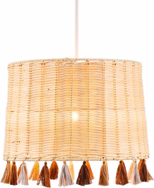 Litecraft Glow Boho Rattan Cylinder Lampshade in Beige and Yellow, Diameter: 24 cm