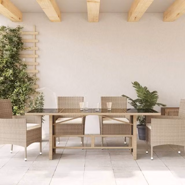 Berkfield Home Beige Poly Rattan Extendable Garden Table with Glass Top W/D/H: 190 x 80 x 75 cm – 1