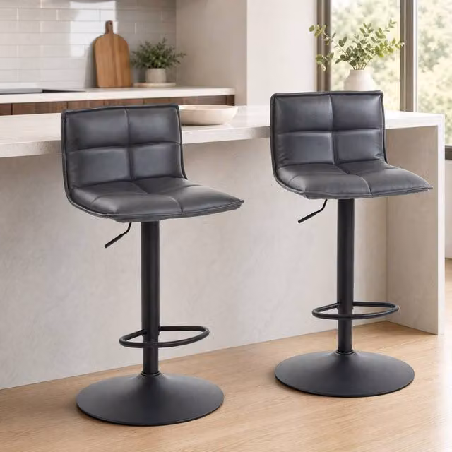 STILVORA Set of 2 Grey Swivel Bar Stools with Synthetic Leather and Metal Base – 1