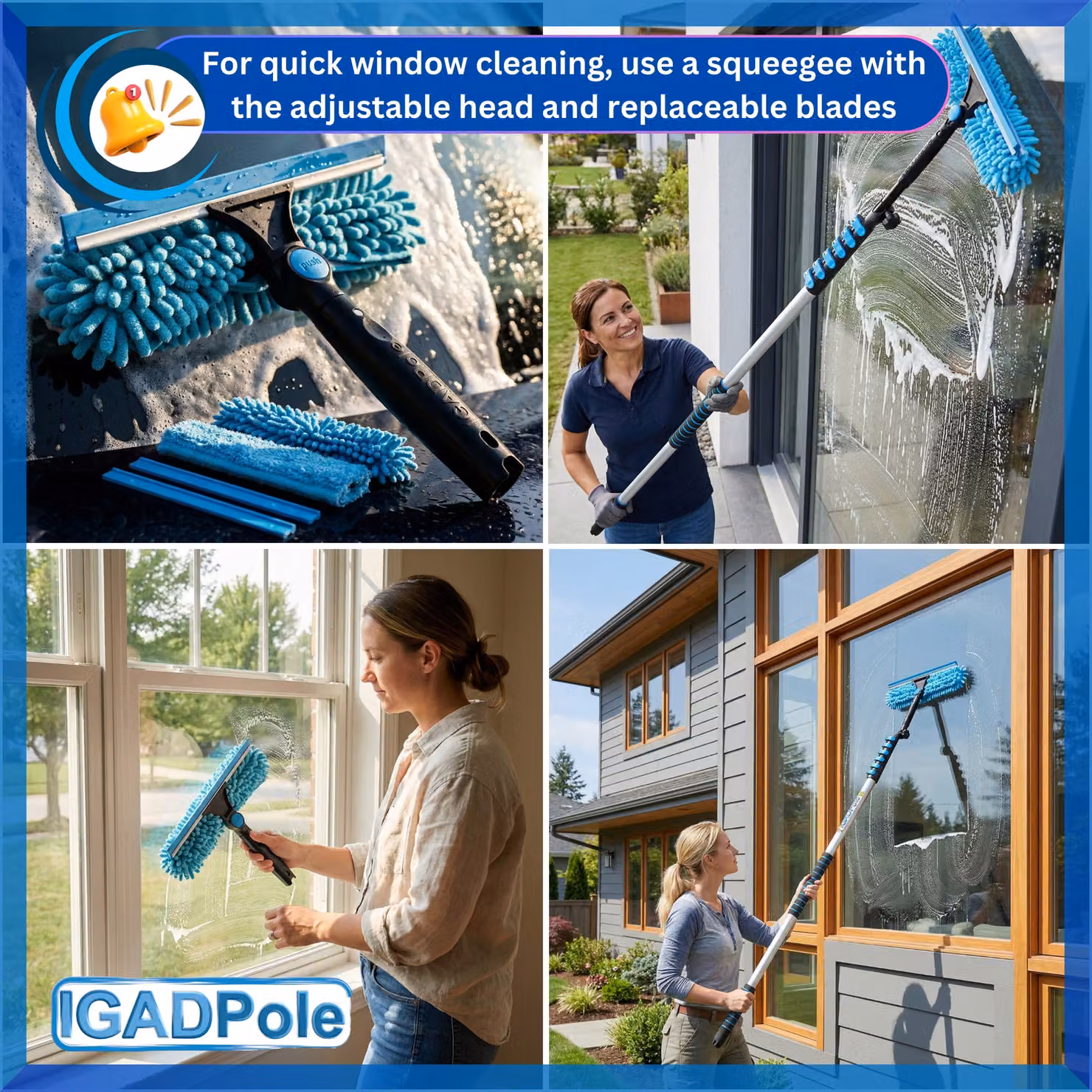 IGADPole Window Cleaning Attachment Set with Blue Microfibre Water-Fed Brush, Squeegee and Cobweb Duster – 2