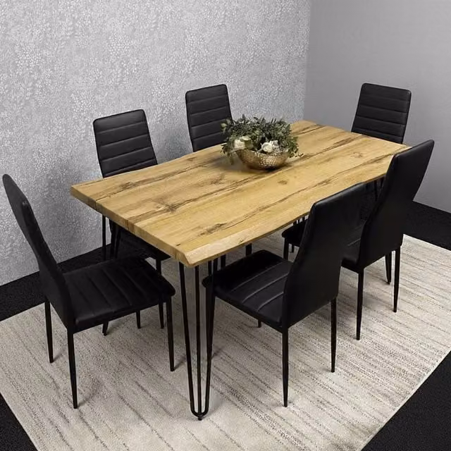 KOSY KOALA Industrial Dining Set with Rectangular Wood Table and 6 Black Faux Leather Chairs, W/D/H: 180 x 80 x 75 cm – 1