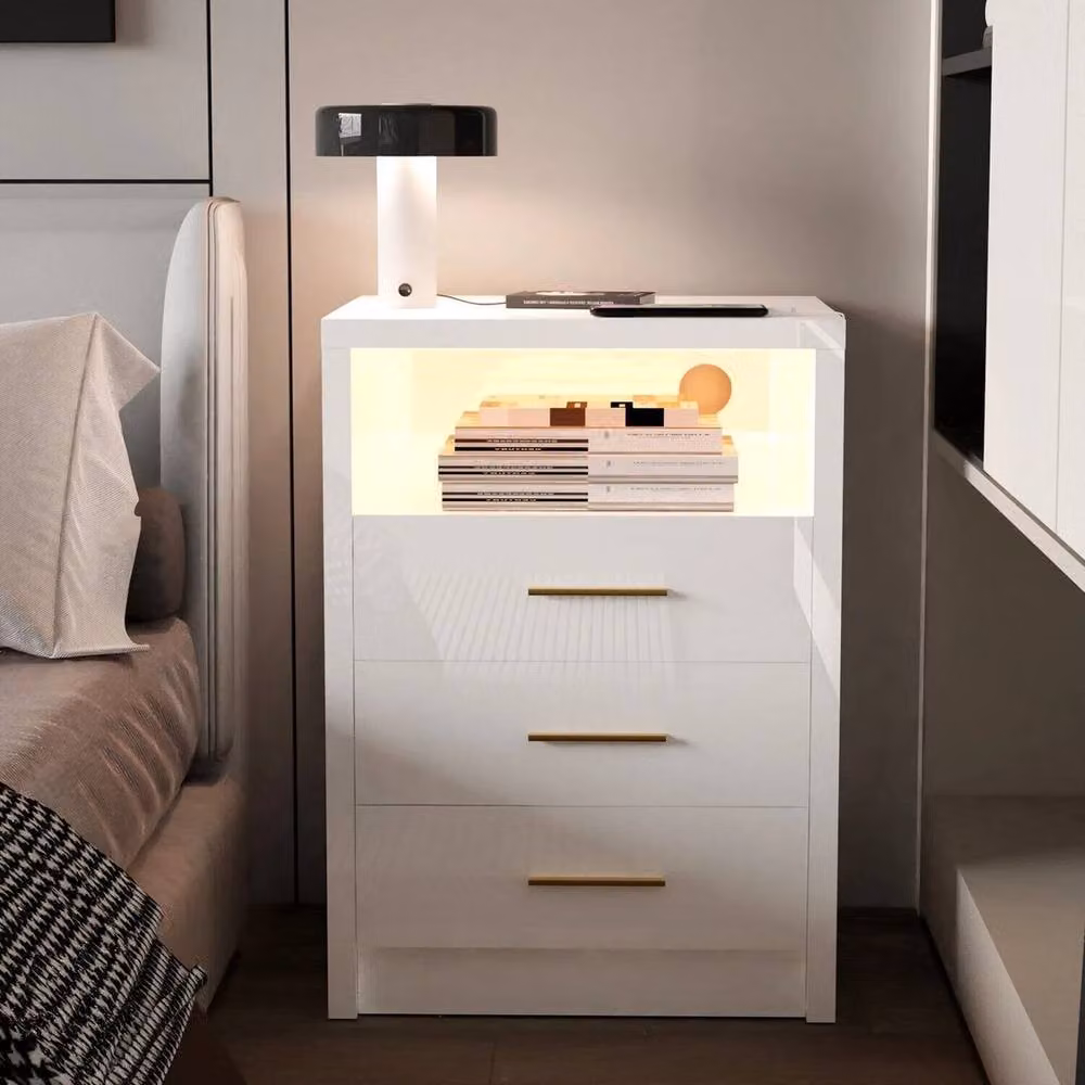 FLAVORA White Modern High Gloss 3 Drawer Bedside Cabinet with Integrated LED Lighting – 4