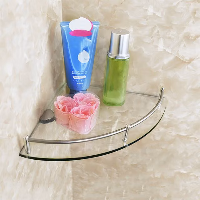 Livingandhome Transparent Glass Corner Floating Shelf, 1 Tier, 24 cm