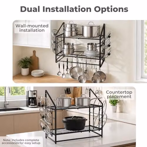 Toque Extra Long Wall Mounted 2 Tier Pot Rack and Pan Organiser in Black with 20 Movable Hooks and 6 Lid Holders, Width: 93.5 cm – 10