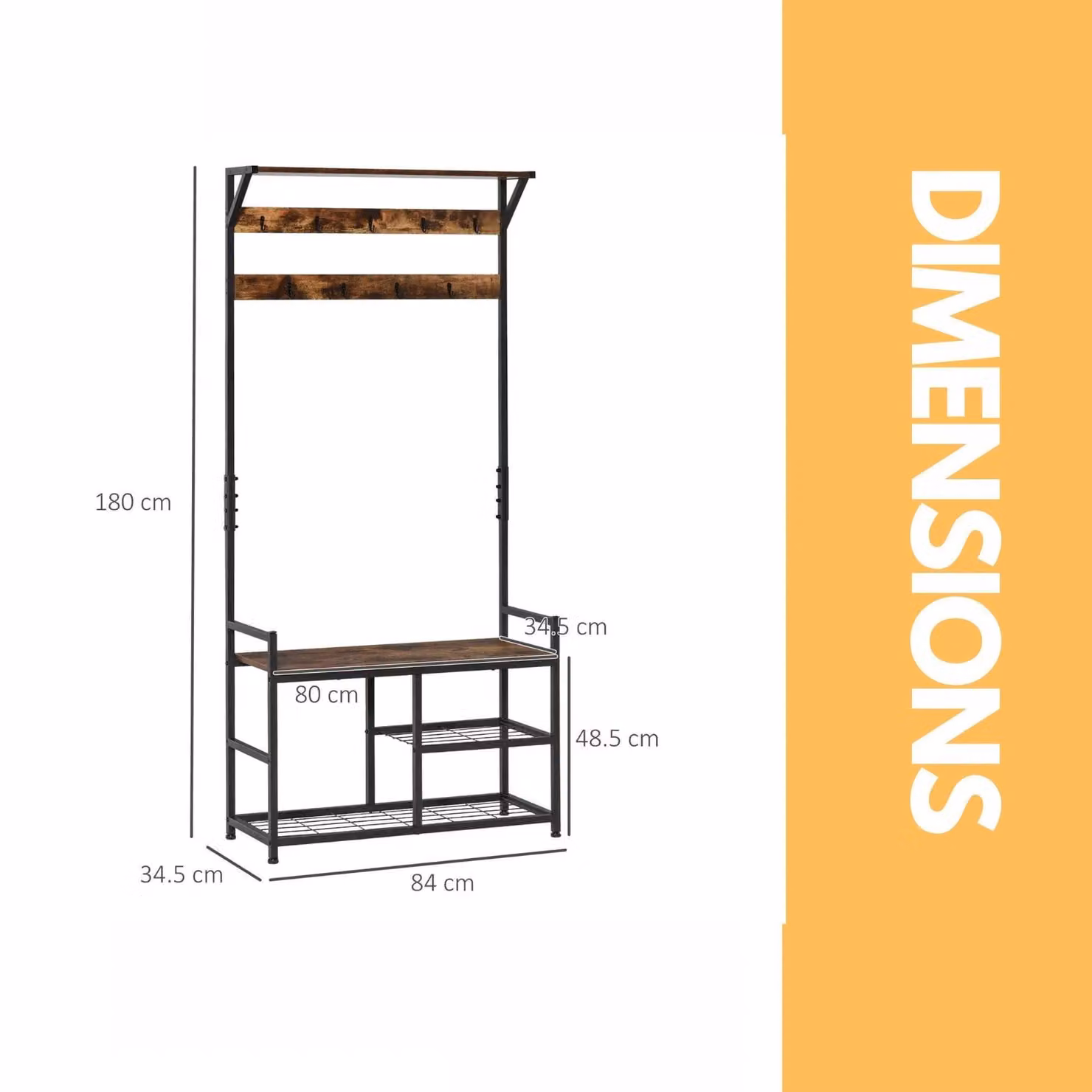Pirlo Plush Industrial Hall Tree with Bench and 9 Hooks, Brown, H 180 x W 80 x D 34.5 cm – 2