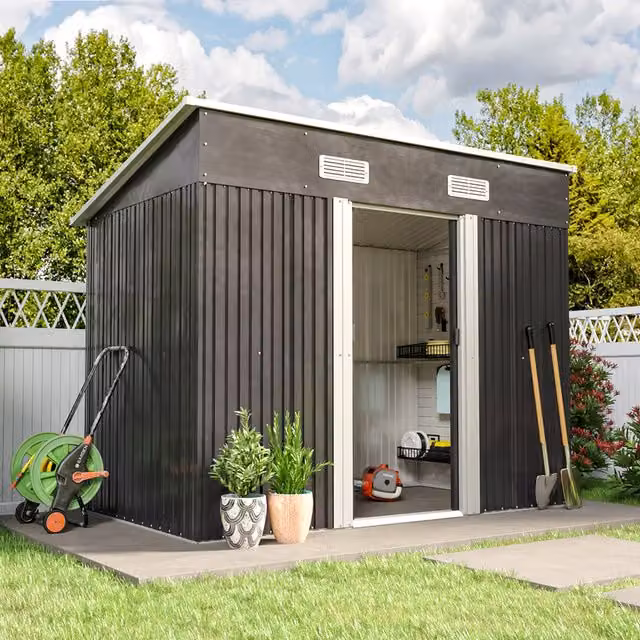 Livingandhome Metal Garden Storage Shed with Double Doors and Gable Roof, Black, Height: 238 cm
