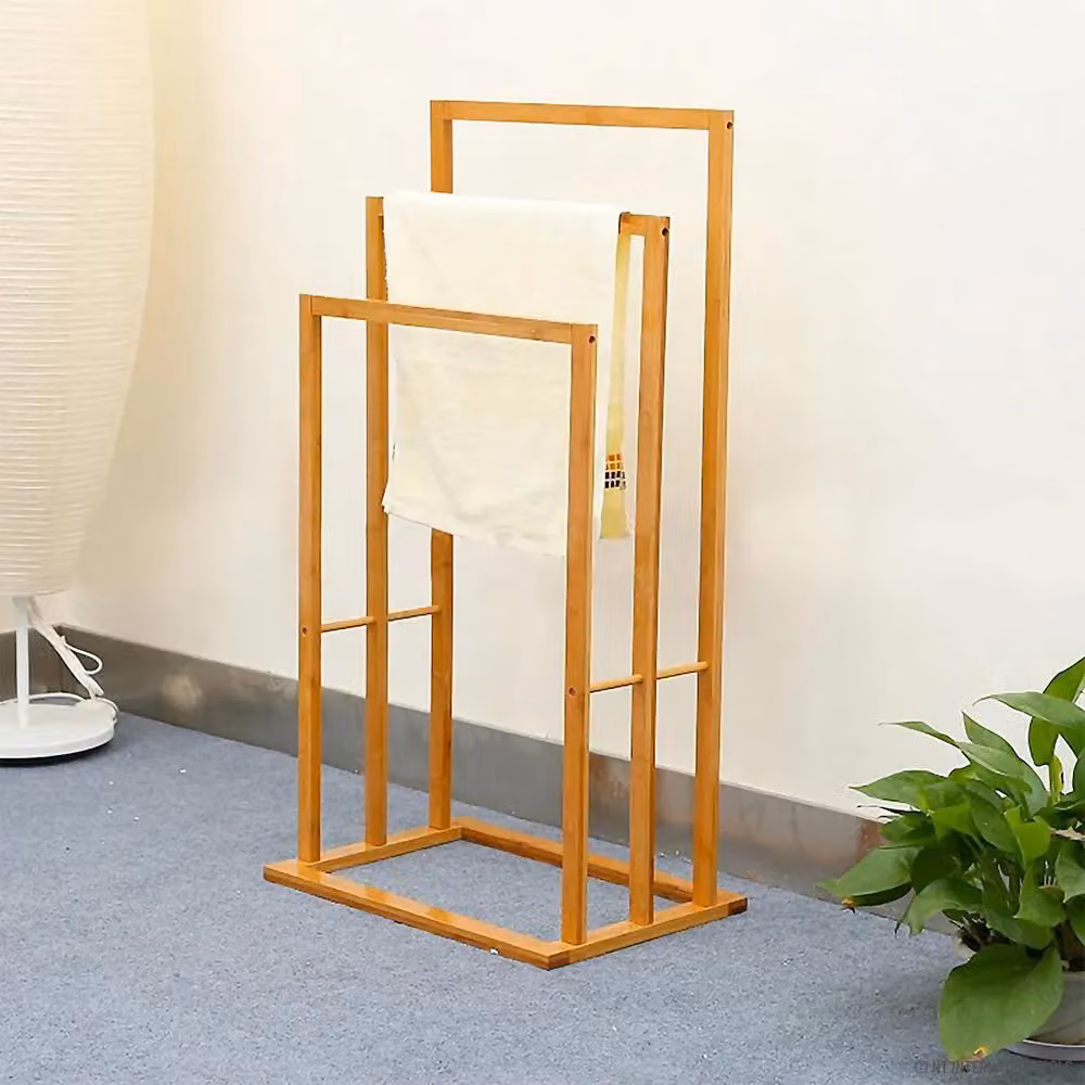 Mantraraj 3 Tier Free Standing Bamboo Towel Holder and Clothes Drying Storage Rail in Brown – 2