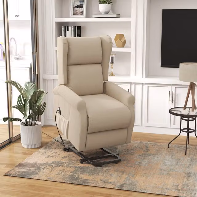 HOMCOM Beige Fabric TV Chair with Powered Lift Assist and Metal Frame