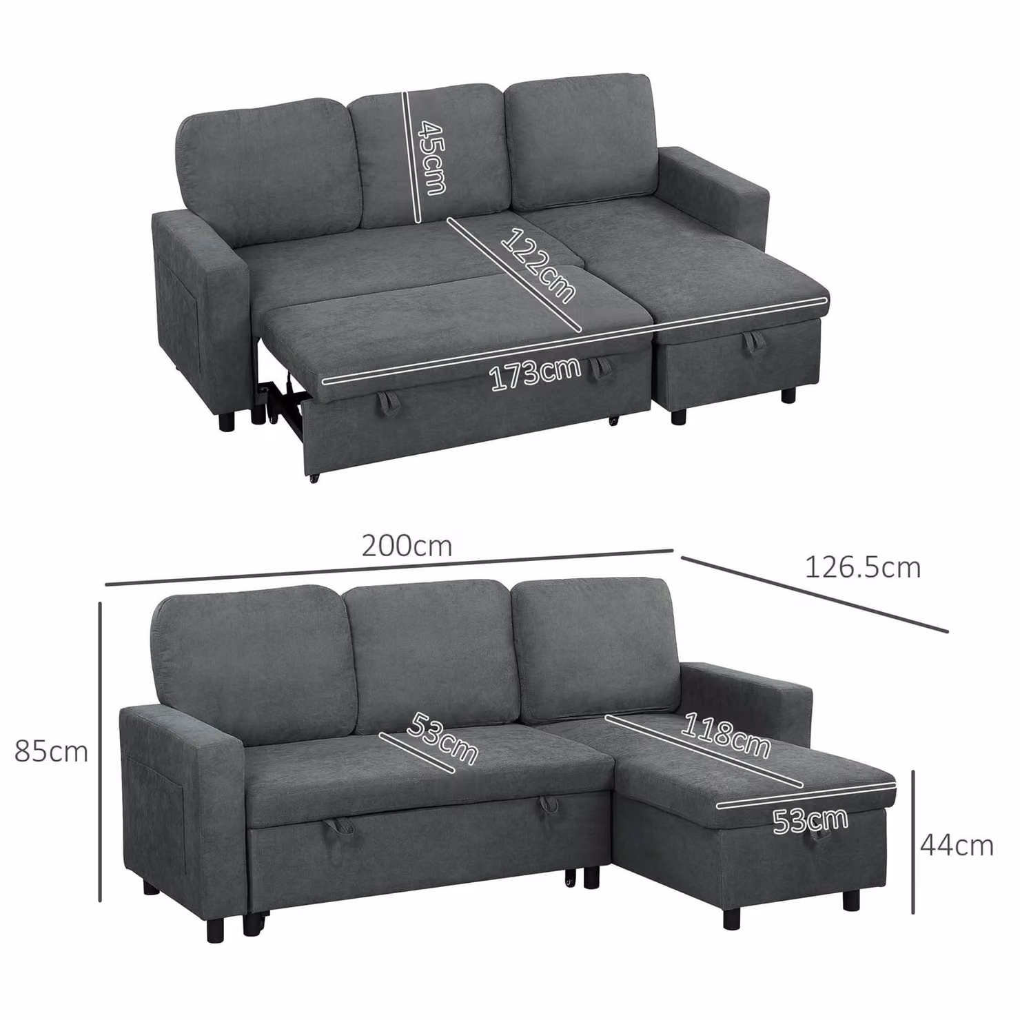 HOMCOM L-Shape Corner Sofa Bed with Reversible Chaise and Pull Out Drawer in Dark Grey – 3