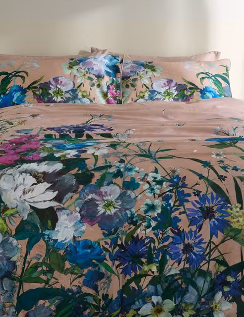 M&S Wild Meadow Pink Floral Cotton Mako Sateen Bedding Set, 200 x 200 cm