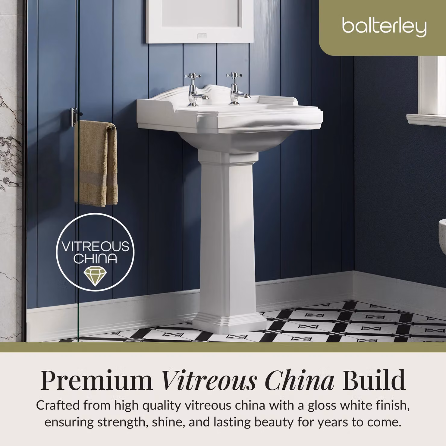 Balterley Traditional Rectangular 2 Tap Hole Ceramic Bathroom Basin with Full Pedestal, White, Width: 59 cm – 5