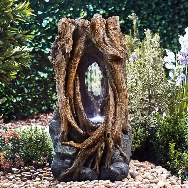 Serenity Brown Hollow Tree Trunk Waterfall Cascade Water Feature with LED Lighting