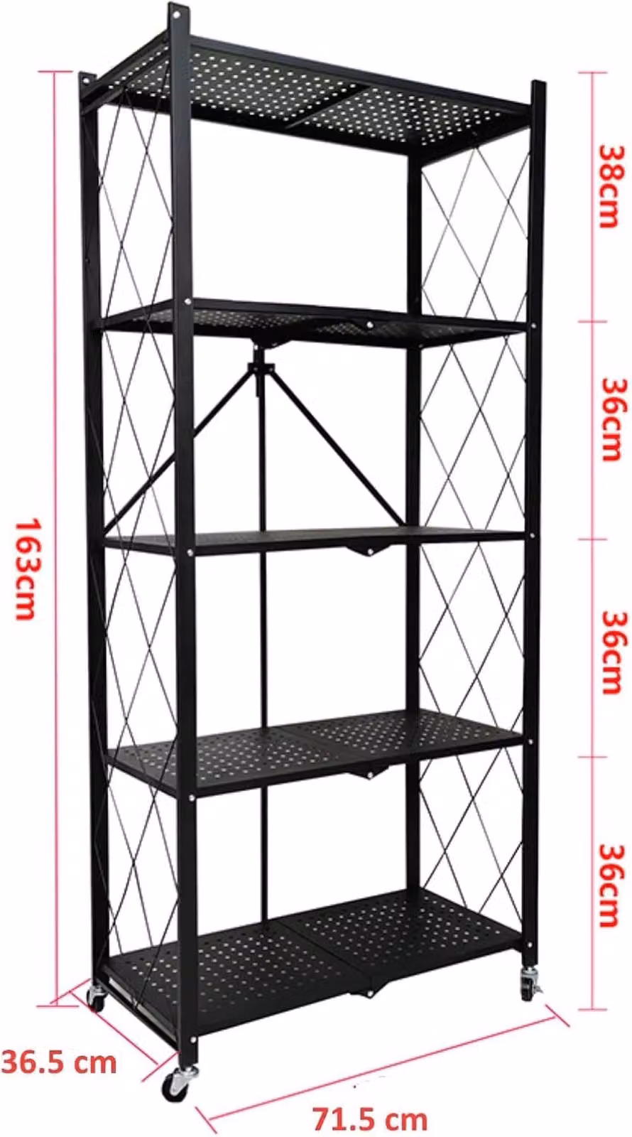 Hygrad Built to Survive 5 Tier Black Metal Multifunctional Foldable Portable Free Standing Storage Shelf Rack, W/D/H: 71.5 x 36.5 x 163 cm – 3