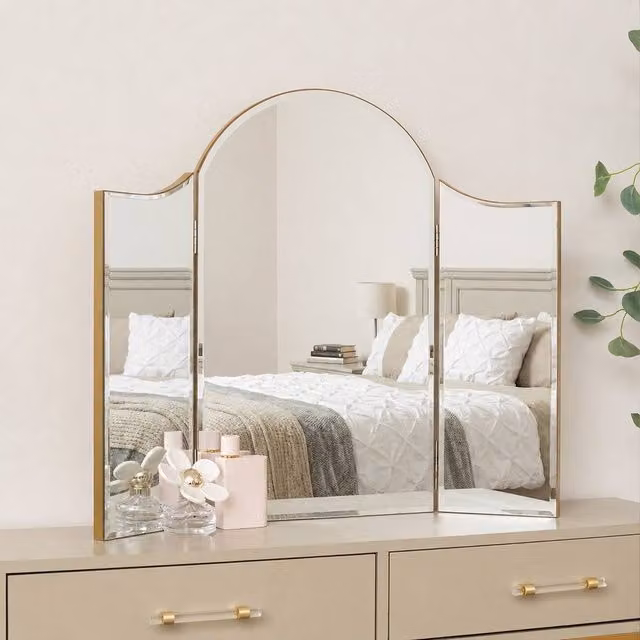 Melody Maison Liana Range Arched Gold Vintage Triple Dressing Table Mirror