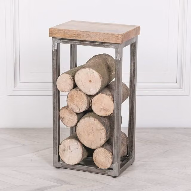 Glasstone Industrial Log Store Side Table with Iron Frame and Brown Wooden Top