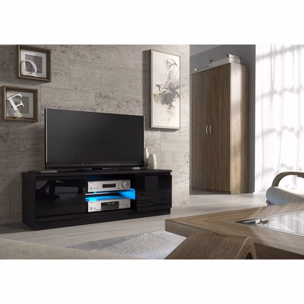 Creative Furniture Aura Modern TV Unit in Black with Glossy Glass Doors and Integrated Lighting, W: 120 cm, D: 38 cm, H: 40 cm – 2