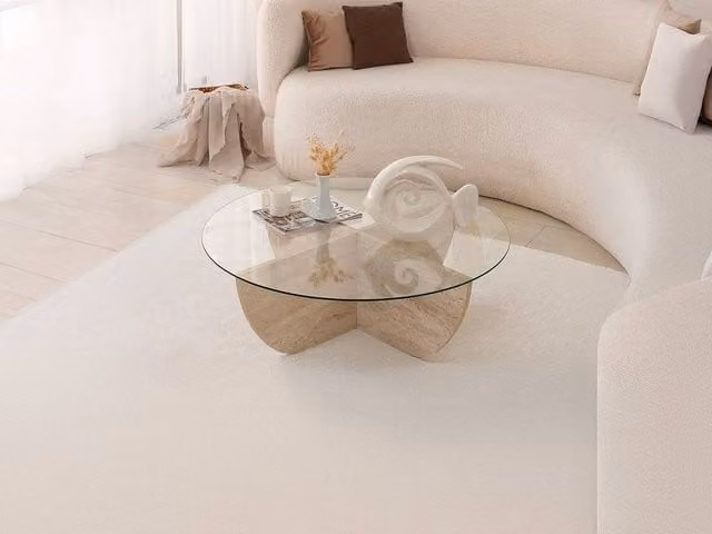 Vente-unique Aysun Tempered Glass Coffee Table with Travertine Effect in Beige and Transparent, W/D/H: 90 x 90 x 30 cm – 1